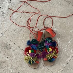 Zara - Size 37- Colorful Pom Pom Sandals with Red Straps